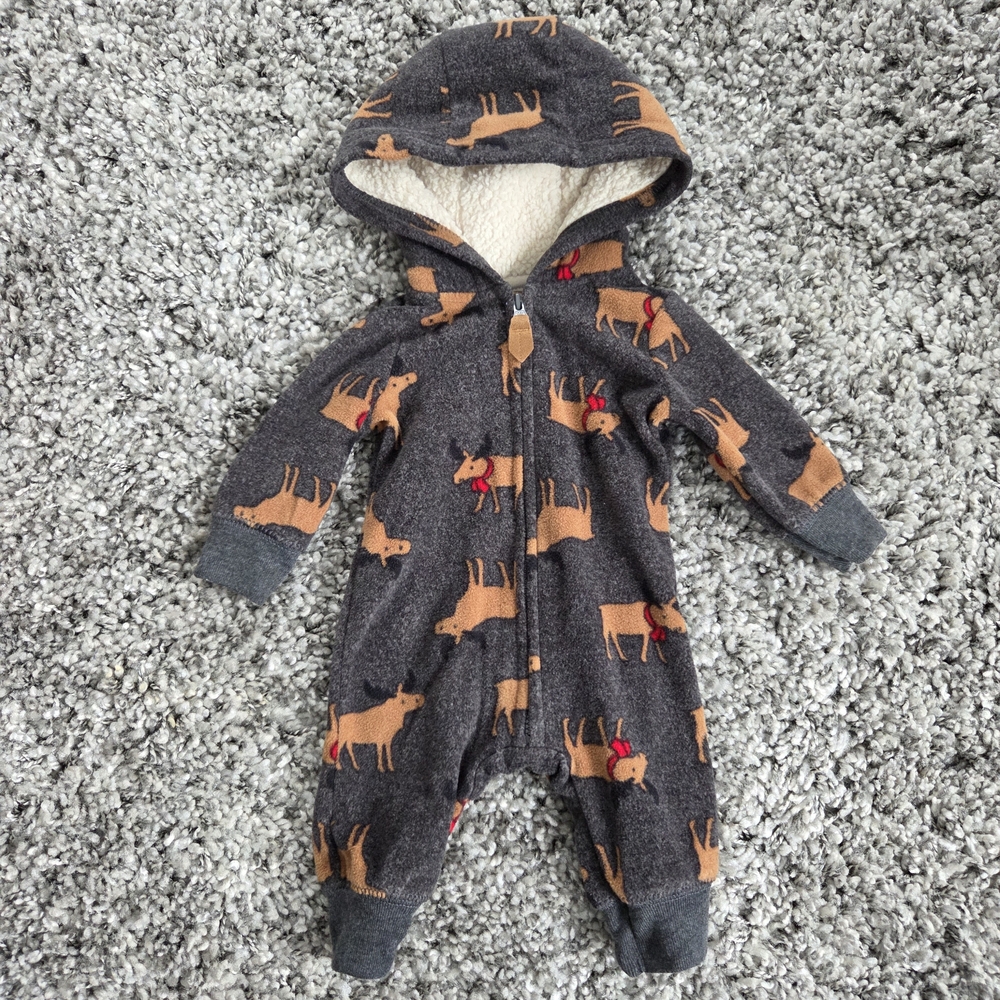 Carter's Gray Zip Up Fleece One Piece with Moose Design Newborn